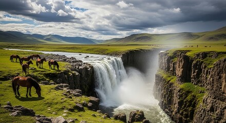 Fototapeta premium Stunning Waterfall Landscape with Horses and Dramatic Sky