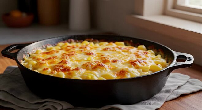 4K Mac and Cheese in Cast Iron Skillet: Creamy, Golden Dish - Professional Stock Content