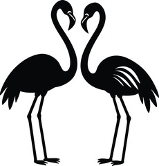 Two elegant flamingos standing gracefully in silhouette forming a heart shape with their necks. Flamingo Heart Silhouette,  Two Graceful Flamingos Forming a Heart with Their Necks Vector Art.