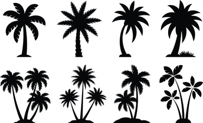 A collection of eight different black silhouette palm trees on a white background