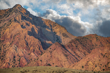 Mountain landscape with blue sky.