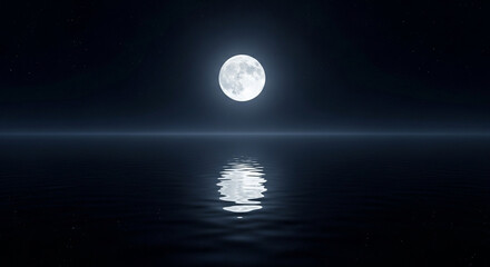 Serene Full Moon Illuminating Calm Water Surface Reflected in the Night Sky Landscape Scene