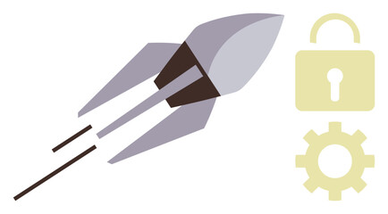 Rocket soaring upwards next to a lock and gear, symbolizing progress, security, and technological innovation. Ideal for themes thumbs up business, startup, cybersecurity, innovation, engineering