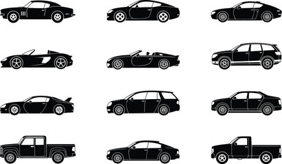 A collection of black and white car silhouettes showcasing different vehicle styles and shapes