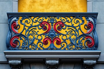 A beautifully ornate balcony with blue, red, and gold colors, showcasing intricate scrollwork and architectural details.