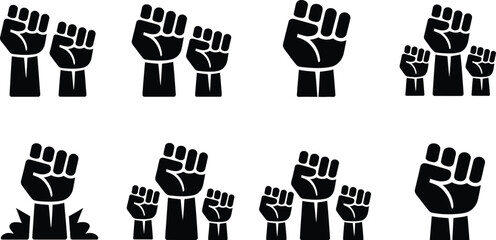 A graphic pattern of raised fist icons symbolizing power and solidarity on white background