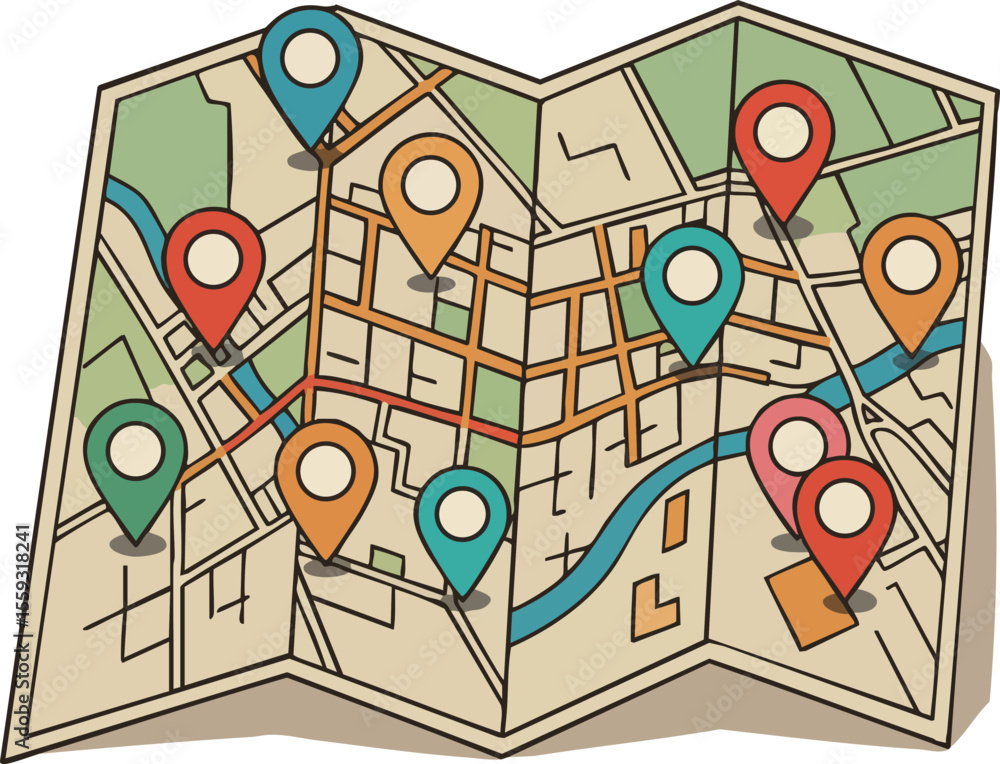 Poster folded city map with colorful location pins and street layout vector illustration for navigation and