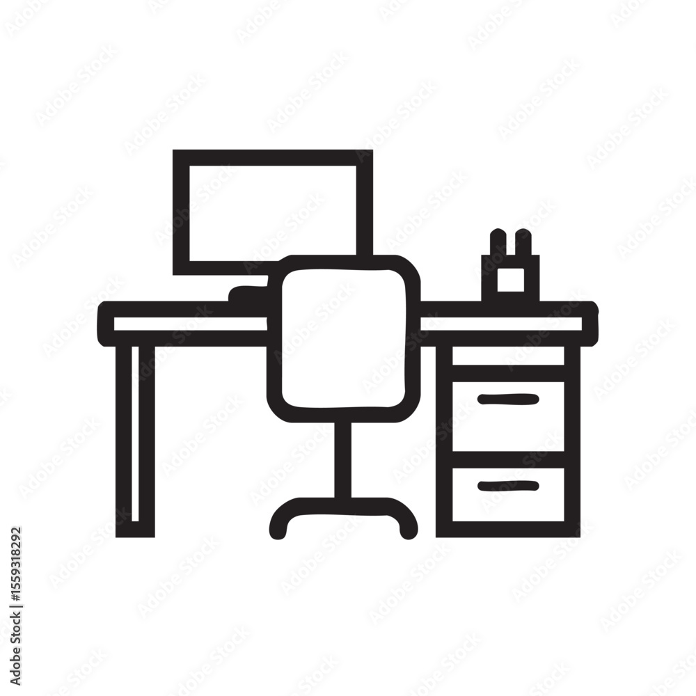 Poster modern workspace design featuring a computer and storage
