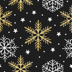 Elegant seamless Christmas pattern with golden snowflakes on dark background, perfect for holiday designs. This festive elegant seamless Christmas pattern features ornate golden snowflakes,
