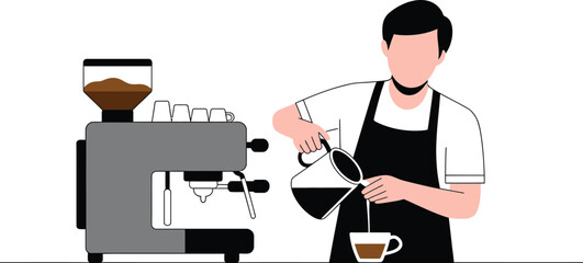 A barista pouring coffee from a pitcher into a cup next to an espresso machine on a table
