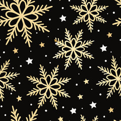 Elegant seamless Christmas pattern on black background shows golden snowflakes and stars, perfect for festive designs.