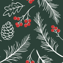 Minimalist Christmas pattern with pine branches and red berries creating aesthetic design. Minimalist Christmas pattern features seasonal elements for festive holiday mood, hand drawn style.