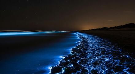 Magical blue glow of bioluminescent plankton illuminates the shoreline at night