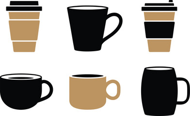 A simple illustration of six coffee mugs and cups in black and brown on a white background