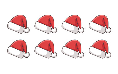 A symmetrical arrangement of eight santa hats with white pom poms on a white background