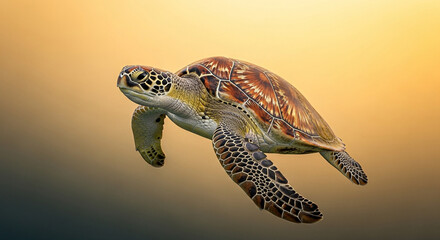 A majestic ocean turtle swims effortlessly through warm sunlit water revealing intricate shell