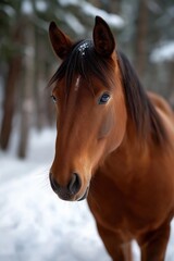 Fototapeta premium Chestnut horse in snowy forest with gentle expression