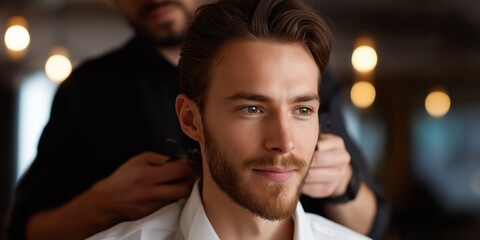 Young caucasian male getting haircut in stylish barber shop with warm lighting
