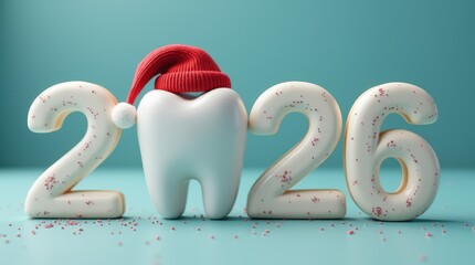 Numbers 2026 where instead of the number 0 there is a tooth in Santa Claus' hat on a blue background. New year for dental care