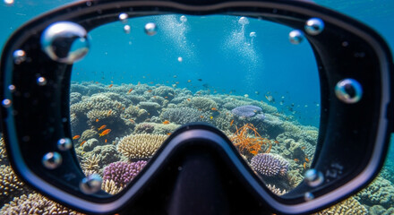 Underwater perspective through a diving mask exploring a vibrant tropical coral reef
