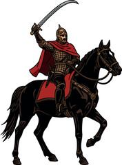 Obraz premium Medieval warrior on horseback raising sword in battle-ready pose with red cape and armor vector illustration