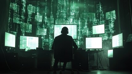Man using computers surrounded by digital code and screens