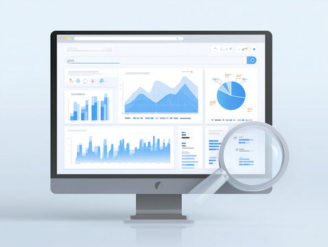 Business Intelligence Dashboard Illustration – Data Charts with Magnifying Glass on Modern Monitor Display