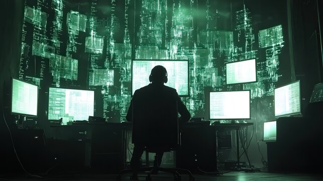 Man using computers surrounded by digital code and screens - Powered by Adobe