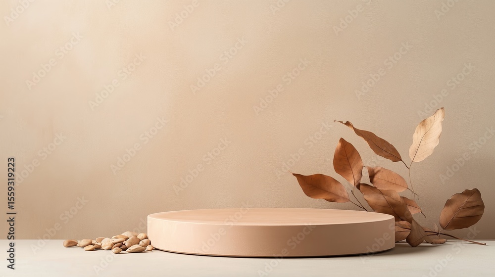 Aufkleber neutral background with round display surface and dried leaves in soft colors