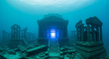 Mystical ancient city architecture submerged deep beneath the ocean surface glowing