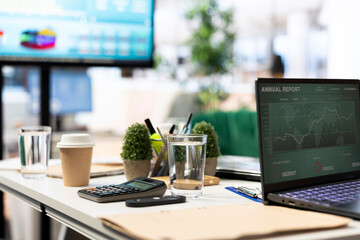 Empty modern office setup with advanced technology enhances productivity, helping professionals...