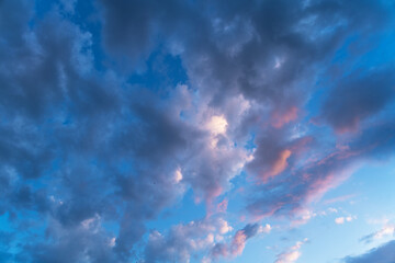 Beautiful orange  sunset sky, with clouds,. Evening sky background.