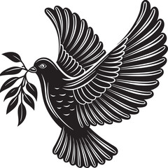 Stylized black dove with olive branch in beak flying isolated on white background