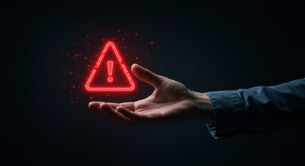 Hand holding a glowing red warning triangle symbol against a dark background.