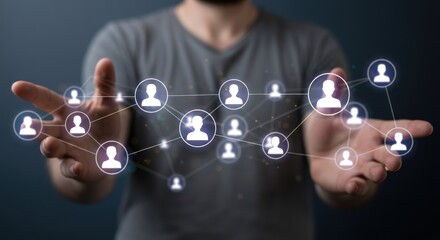 Person holding network of connected user icons representing social connections.