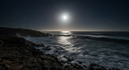 Brilliant Moonlight Path Across Turbulent Ocean Waters Breaking Upon Jagged Coastal Rocks Under