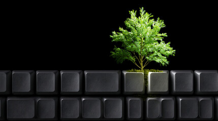 Tree Growing from Keyboard Key in Dark Space Symbolizing Nature