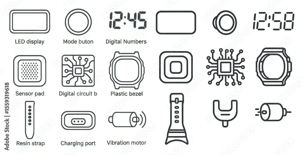 Poster icons representing electronics components and devices with labels underneath each.