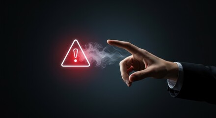 Hand points to a red warning triangle icon with smoke on dark background.