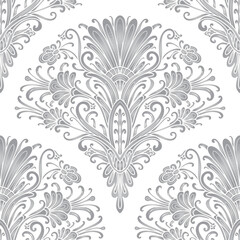 Damask style floral pattern, grey and white colors. Seamless floral pattern-758.