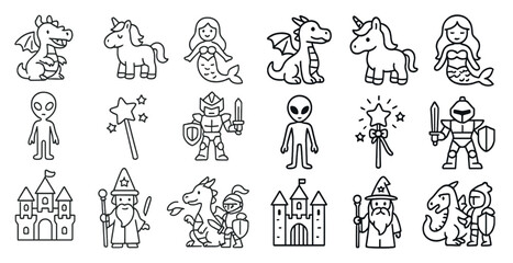 Fantasy themed black-and-white icons featuring dragons, unicorns, castles, knights.