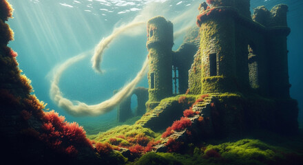 Submerged ancient castle ruins blanketed in vibrant marine life deep within the ocean