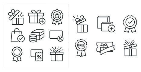 Gift, award, and certificate icons in simple black and white.
