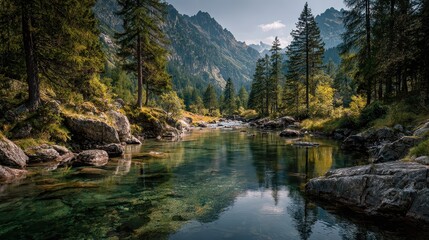 Mountain lake landscape reflecting jagged peaks and evergreen trees in the Italian Alps
