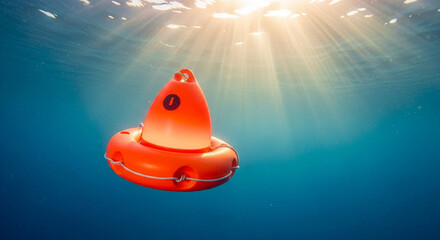 Bright Orange Buoy Floating Submerged in Clear Blue Water Illuminated by Sun Rays