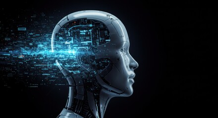 Cyborg head with glowing brain area against a dark background representing artificial intelligence.
