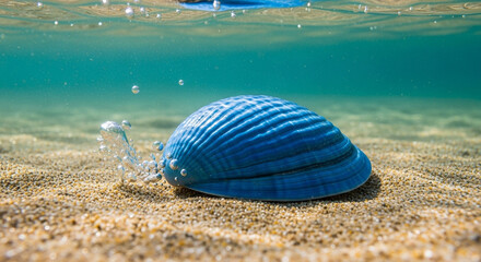 Vibrant azure mollusk shell settled on the seabed floor bathed in shimmering underwater light