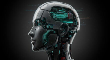 Cyborg head profile with visible circuitry against dark background representing artificial intelligence.