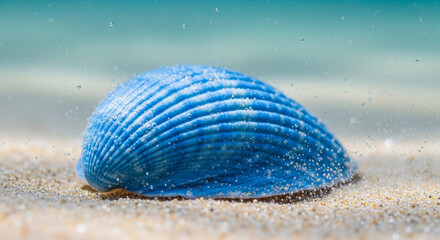 Macro view of a beautiful blue seashell on the sandy seabed beneath sparkling water