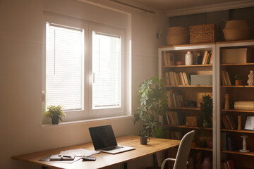 A bright home office showcases a wooden desk with a laptop and coffee cup, while natural light...